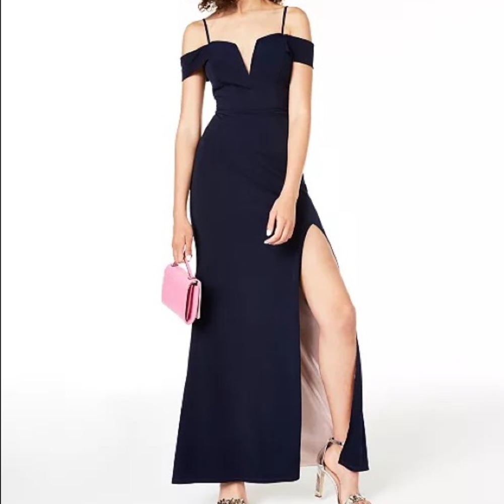 New navy dress with blush lining and v wire neckline and shoulder draping detail